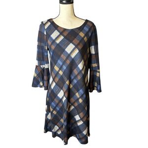JH Collection Women's L Plaid Bell Sleeve Scoop Neck Dress Lined